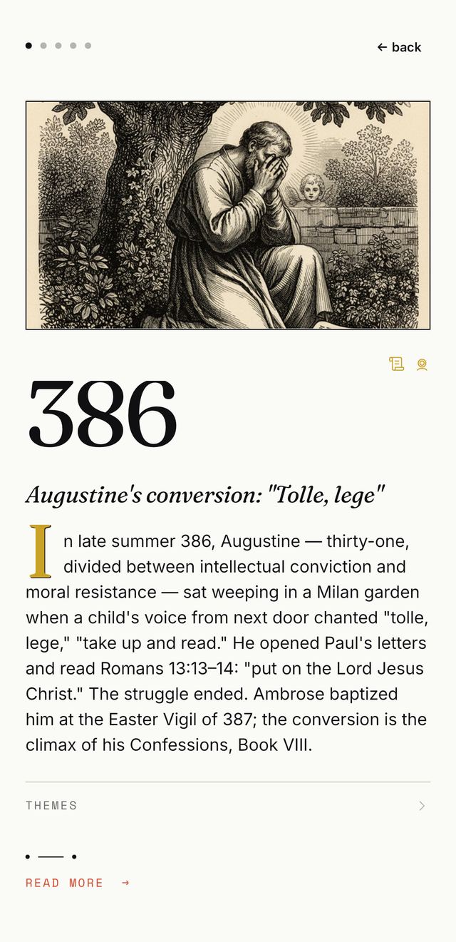 App card — 386, Augustine's conversion in a Milan garden