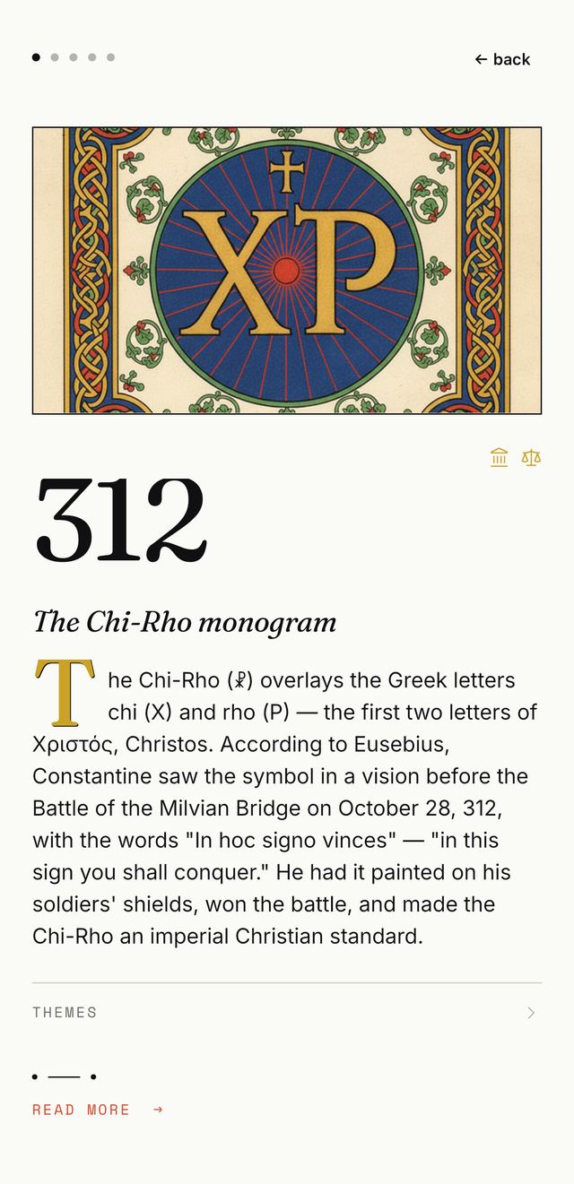 App card — 312, the Chi-Rho monogram