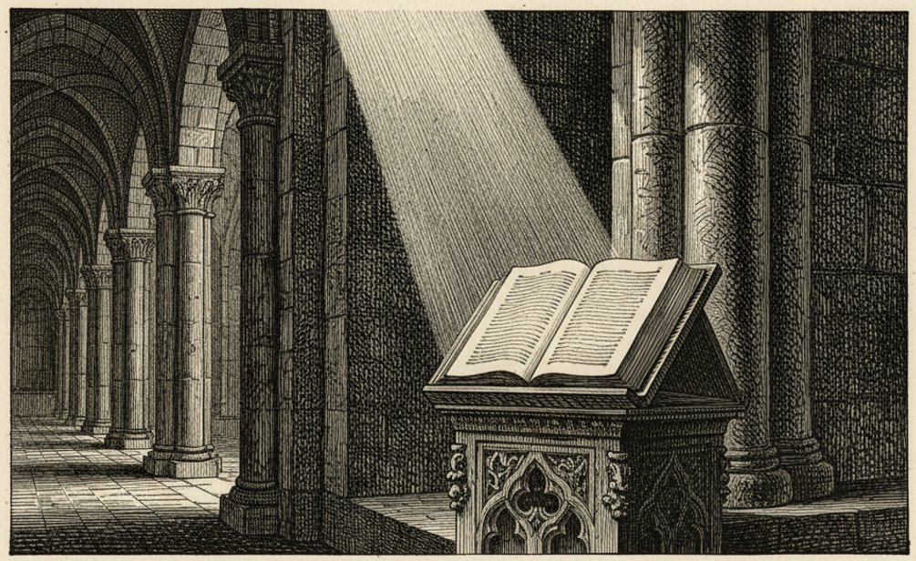 Engraving of an open book on a lectern in a cathedral cloister, lit by a beam of light
